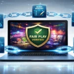 Laptop displaying online casino with fair play verified shield connected to RNG systems, audit reports, and certification icons representing secure and trustworthy gaming systems