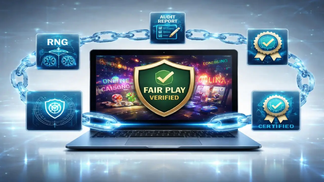 Laptop displaying online casino with fair play verified shield connected to RNG systems, audit reports, and certification icons representing secure and trustworthy gaming systems