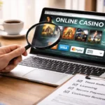 Person checking online casino website on laptop with magnifying glass highlighting security, licensing, payment methods, and trust indicators for safe online gambling