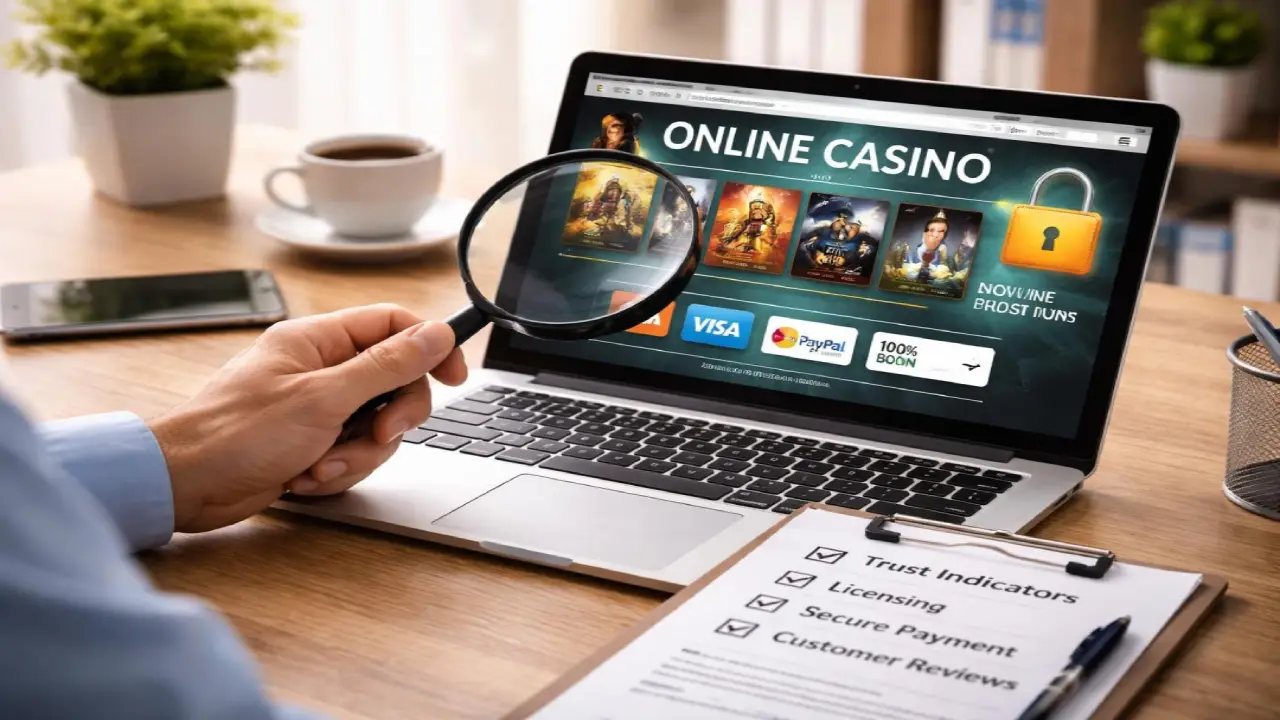 Person checking online casino website on laptop with magnifying glass highlighting security, licensing, payment methods, and trust indicators for safe online gambling