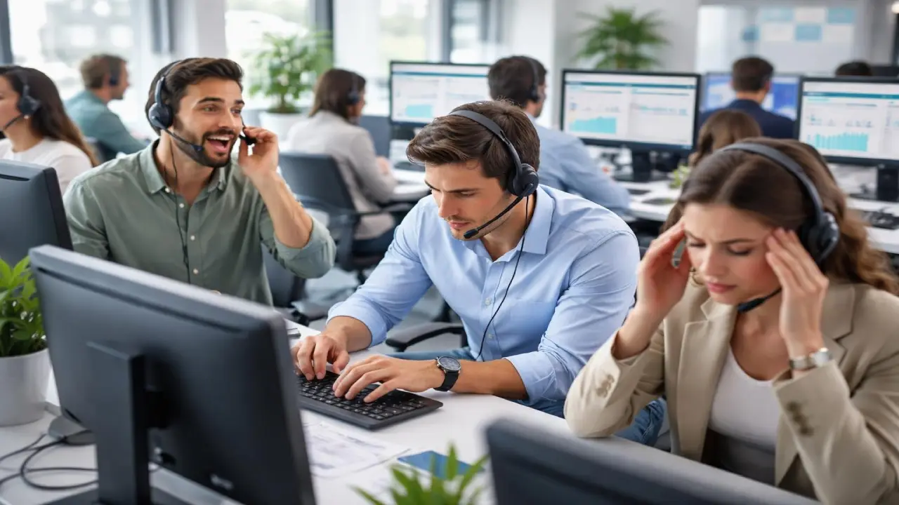 Customer support team wearing headsets assisting users in a call center environment representing online casino support service and live chat assistance