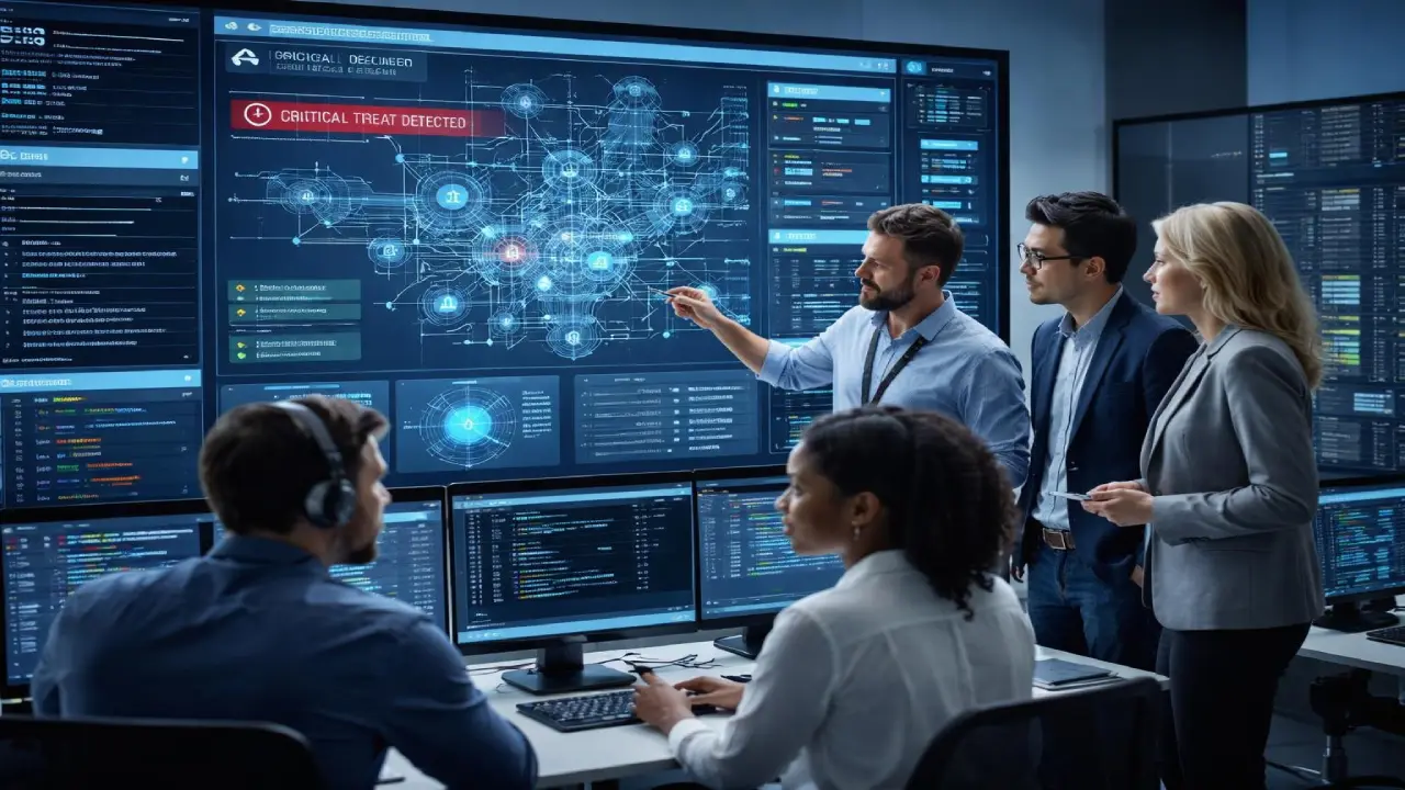 Cybersecurity team analyzing security infrastructure dashboard with threat detection alerts, data monitoring, and fraud prevention systems for online casino platforms